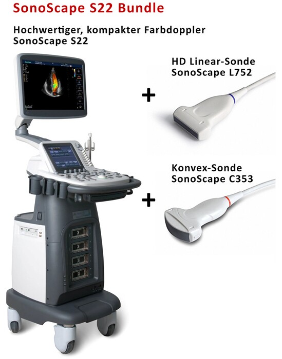 Hochwertiger, kompakter Farbdoppler SonoScape S22 inkl. HD Linear-Sonde SonoScape L752 und hochwertiger Konvex-Sonde SonoScape C353